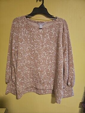 NWT Ophelia Roe Women's Size 1X Beige Floral Jacquard Balloon Sleeves Top Blouse